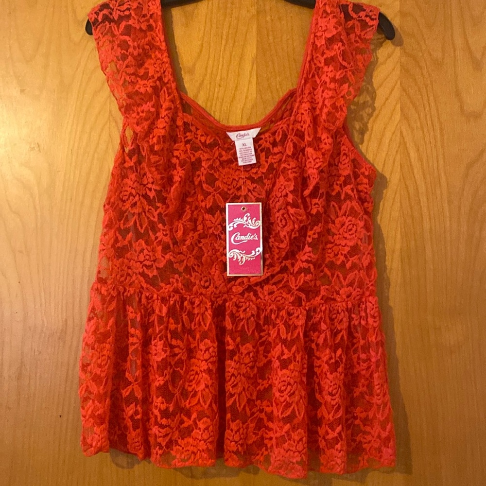 NWT Candies Women JR. WONDERLUST Allover LACE Fancy Top Size X-Large Poppy Red.